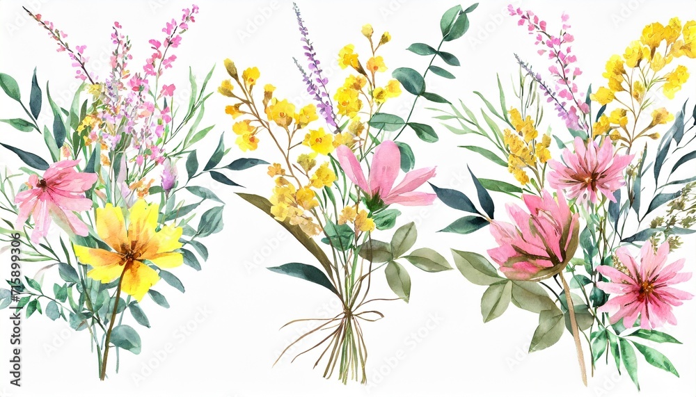 watercolor arrangements with garden flowers bouquets with pink yellow wildflowers leaves branches botanic illustration isolated on white background