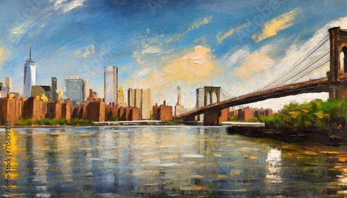 oil painting on canvas view of new york river and bridge modern abstract artwork painting american city urban illustration © William