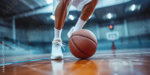 Dynamic Basketball indoor Court Action Close-Up. Basketball player male legs and the ball on a hardwood court, capturing the motion and energy of the game. © IndigoElf