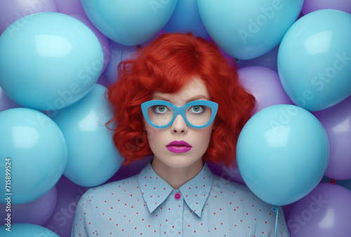 portrait of a girl with red  hair and balloons .Minimal composition,fashion editorial concept.Flat lay,copy space,top view.Generative Ai   © sunaiart