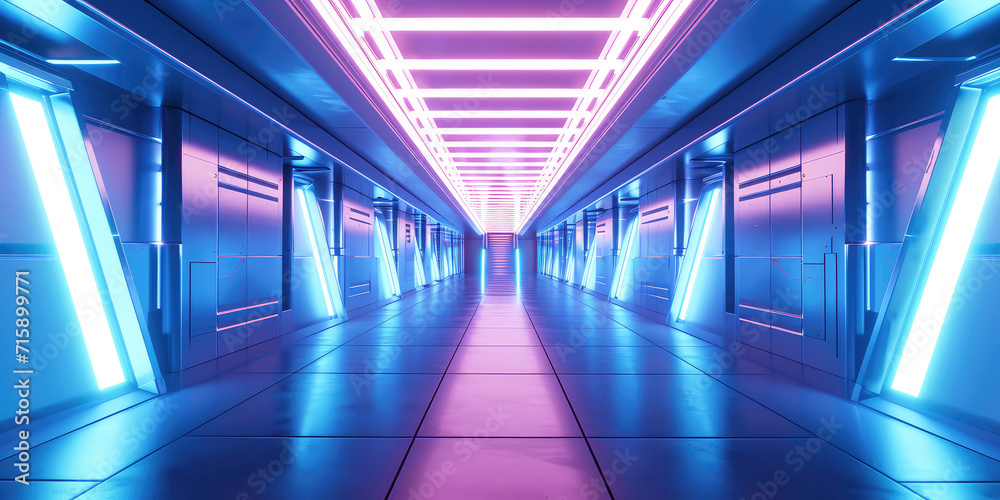 Futuristic empty blue Neon-Lit Corridor mockup. 3D-rendered corridor with vibrant neon lights and a futuristic design.