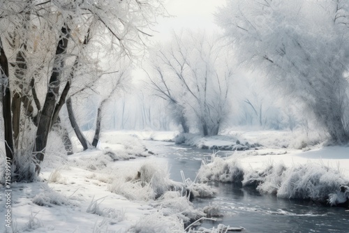  a river surrounded by snow covered trees and a forest filled with lots of snow covered trees and a forest filled with lots of snow covered trees.