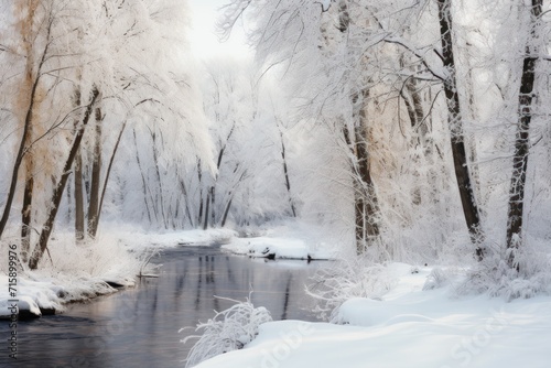  a river surrounded by snow covered trees and a forest filled with lots of tall, thin, snow covered trees.