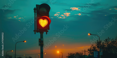 Yellow Heart-Shaped Stoplight at Sunset. Traffic light displaying a heart-shaped signal, creative concept time to love.