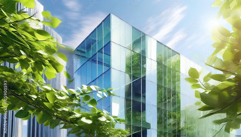  illustration of eco friendly construction in a contemporary metropolis a sustainable glass building with green tree branches and leaves for lowering heat and carbon dioxide - obrazy, fototapety, plakaty 