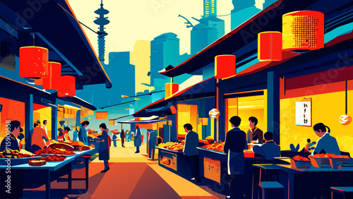 Asian street market scene. vektor illustation