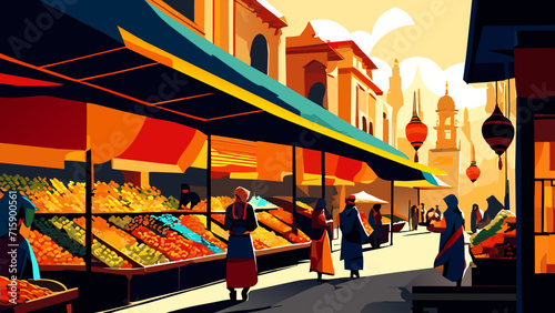 Market vendors with ethnic textiles. vektor illustation