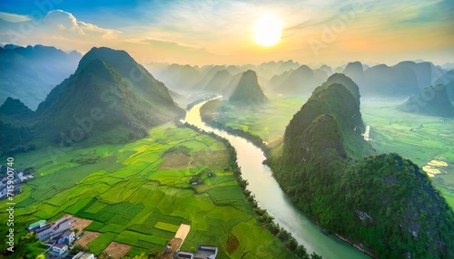 aerial view of dawn on mountain at ngoc con ward trung khanh town cao bang province vietnam with river nature green rice fields near ban gioc waterfall photo