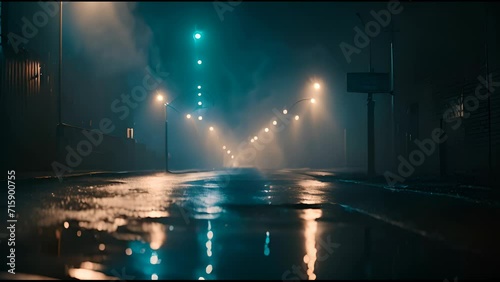 Wet street illuminated by green traffic light. Suitable for transportation and urban concept designs photo