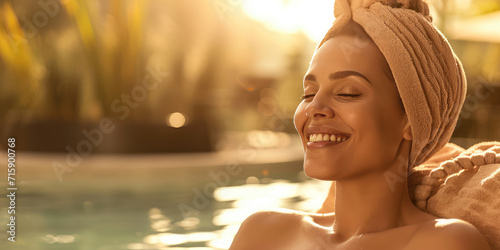 Serene Spa Relaxation. Smiling woman in a bathrobe and towel enjoying a relaxing moment at a serene spa setting, copy space.