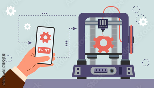 3d printer printing a part. Hand with phone launching a 3d printer. Technology concept.	
