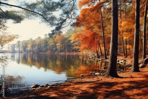  a painting of a lake surrounded by trees with orange and yellow leaves on the trees and the water in the foreground.