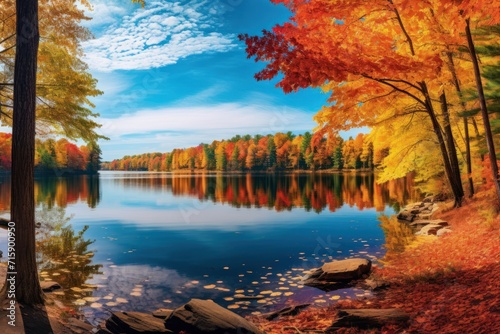  a painting of a lake surrounded by trees with orange and yellow leaves in the foreground and a blue sky with clouds in the background.