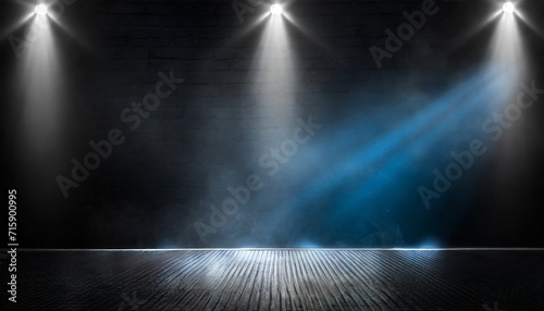 dark stage shows studio room dark scene neon light and spotlights black diamond plate texture iron sheet floor and smoke floating up the interior surface for display products