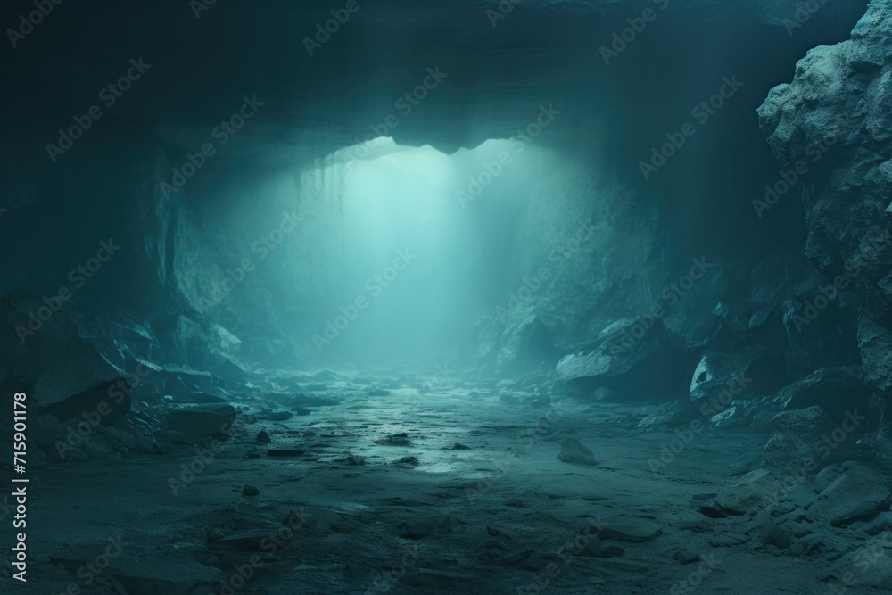  a cave filled with lots of rocks and a light at the end of the tunnel in the middle of the cave.