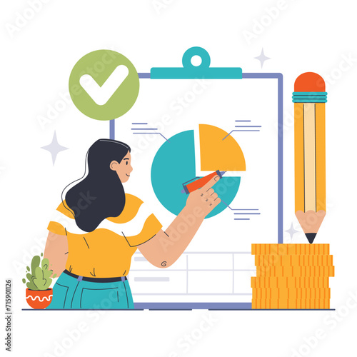 Audit Report concept. Confident woman annotates a vibrant pie chart, showcasing detailed analysis. Approved sign and oversized pencil imply precision. Flat vector illustration