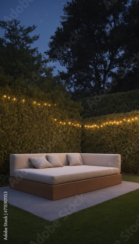 A sofa set placed on a backyard in the night with lamp © Jirut