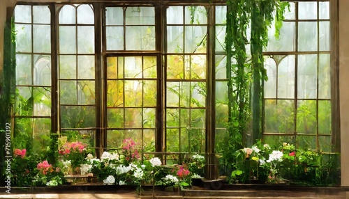greenhouse with lianas and flowers on the background of stained glass windows in the gothic style art drawing photo wallpaper © William