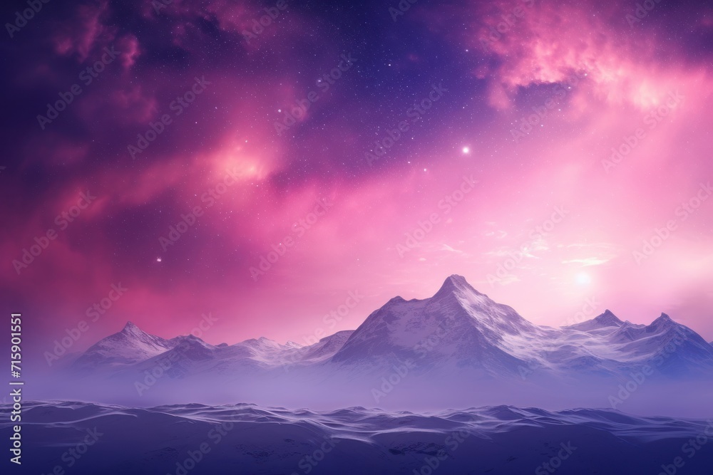  a purple and pink sky with a mountain range in the foreground and a star filled sky in the background.