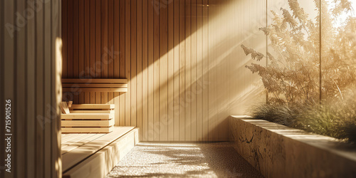 Warm empty sunny Wooden Sauna Interior. Detail of a sauna s wooden benches and wall  illuminated by soft light  with a shallow depth of field.