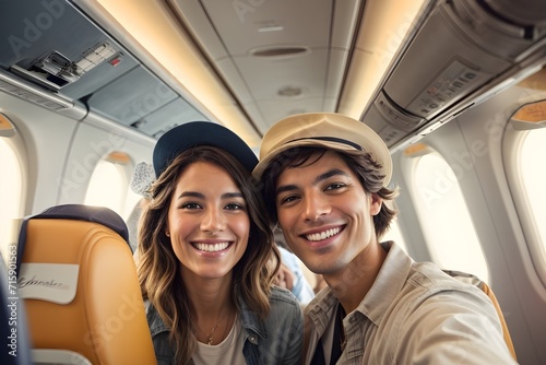 Happy tourist taking selfie inside airplane - Cheerful couple on summer vacation - Passengers boarding on plane - Holidays and transportation concept © Visal