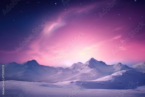  a mountain range covered in snow under a pink sky with a star filled sky in the middle of the picture.