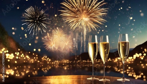 new years celebration with fireworks and champagne glasses at night comeliness
