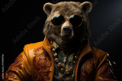  a close up of a person wearing a jacket and sunglasses with a bear s head wearing a leather jacket.