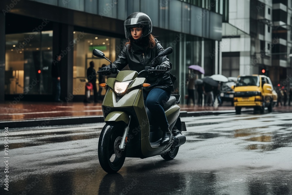 Chica joven en motocicleta por la ciudad lloviendo - obrazy, fototapety, plakaty 