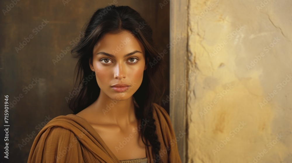 Fototapeta premium Photorealistic Adult Latino Woman with Brown Straight Hair retro Illustration. Portrait of a person in ancient aesthetics. Historic movie style Ai Generated Horizontal Illustration.