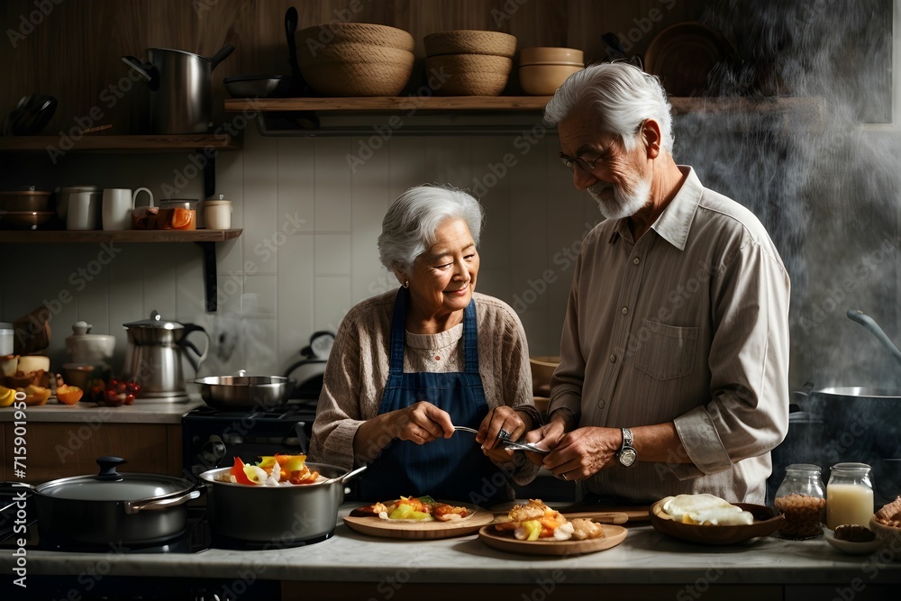 A touching stock photo of an old couple cooking breakfast together in their traditional kitchen A touching stock photo of an old couple cooking breakfast together in their traditional kitchen
