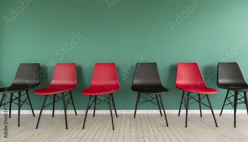 a row of red and black chairs against a green wall the chairs are all the same style with simple straight lines and a minimalist design they are evenly spaced along the wall 