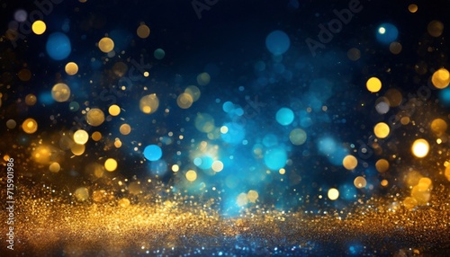 glitter vintage lights background gold blue and black de focused blurred yellow and cyan glow sparks from neon lights with blank spot on black background