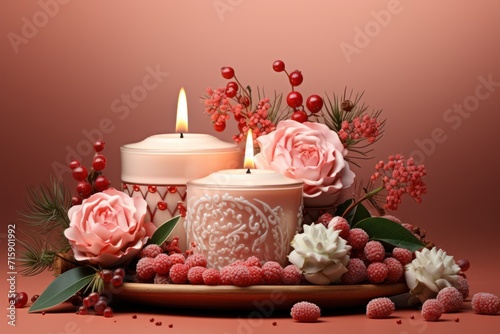  a couple of candles sitting on top of a table next to a plate with flowers and berries on top of it.