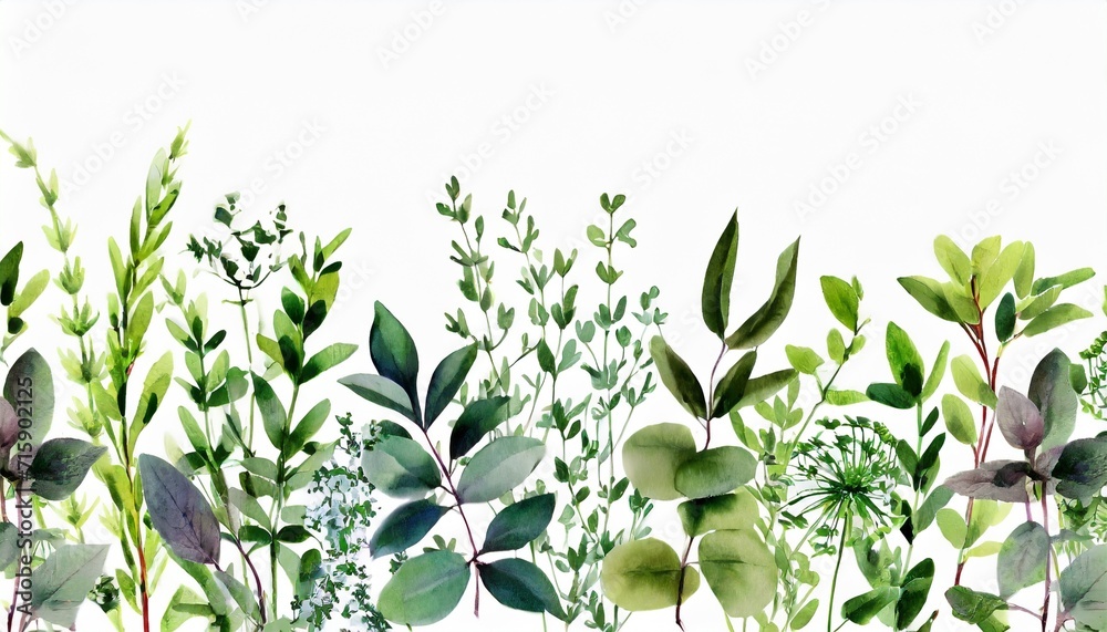 set watercolor arrangements with garden herbs seamless border collection leaves branches botanic illustration isolated on white background - obrazy, fototapety, plakaty 