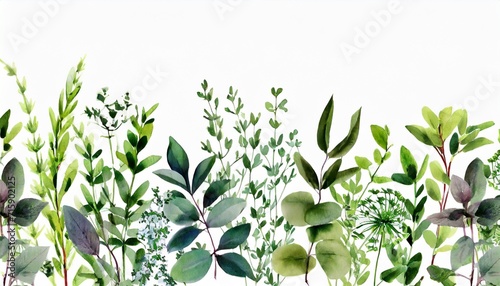 set watercolor arrangements with garden herbs seamless border collection leaves branches botanic illustration isolated on white background