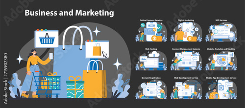 Business and Marketing night or dark mode set. E-commerce solutions and digital strategies. Engaging online shopping, effective SEO, and web services. Flat vector illustration.