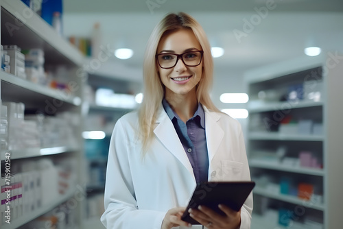 Beautiful woman pharmacist in eyeglasses using digital tablet at pharmacy.