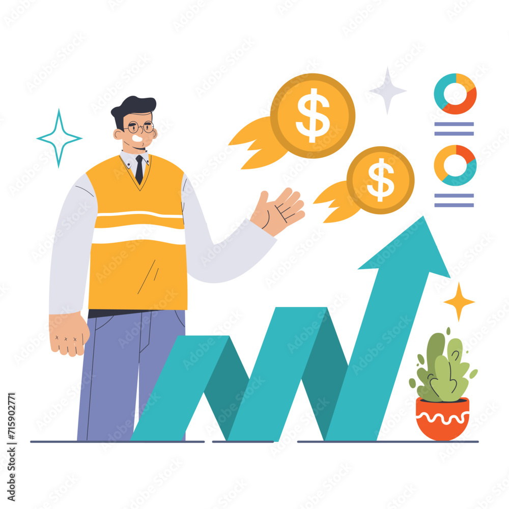 Increase in Profitability concept. Businessman presenting growth trend with floating coins and upward arrow, indicating financial success and revenue boost. Achieving business goals. Flat vector