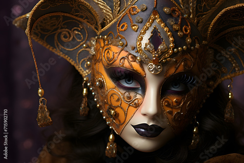 Young beautiful woman in beautiful venecian mask. Dark background. Beautiful venetian mask. Venice. Carnival.