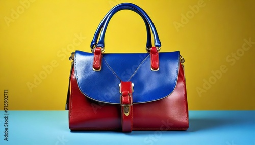 red and blue stylish and luxury leather handbag on a light blue surface isolated on a yellow background