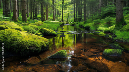 A tranquil stream winding through a moss-covered forest  where moss-covered rocks and logs create a picturesque and serene landscape. The reflections in the water enhance the visua