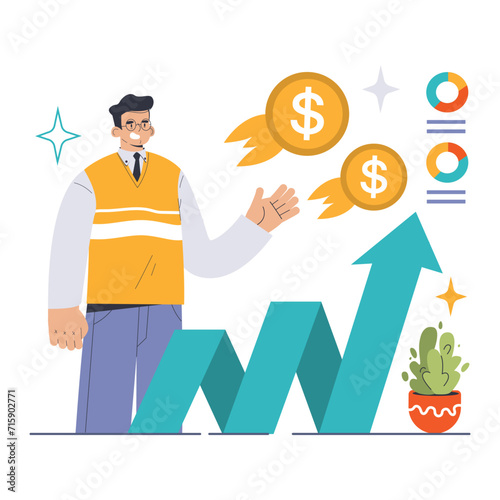 Increase in Profitability concept. Businessman presenting growth trend with floating coins and upward arrow, indicating financial success and revenue boost. Achieving business goals. Flat vector