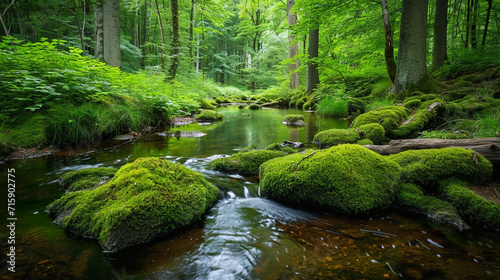 A tranquil stream winding through a moss-covered forest  where moss-covered rocks and logs create a picturesque and serene landscape. The reflections in the water enhance the visua