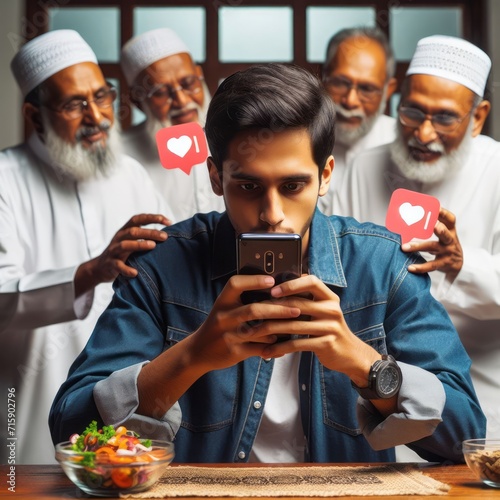 a man addicted to social media and using his phone sitting in the restaurant and drinking coffee, muslim old mans try to advice him by talking