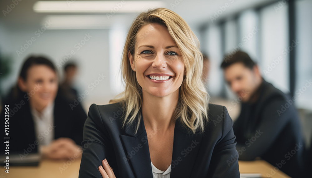 A happy business woman in an office with colleagues A happy business woman in an office with colleagues