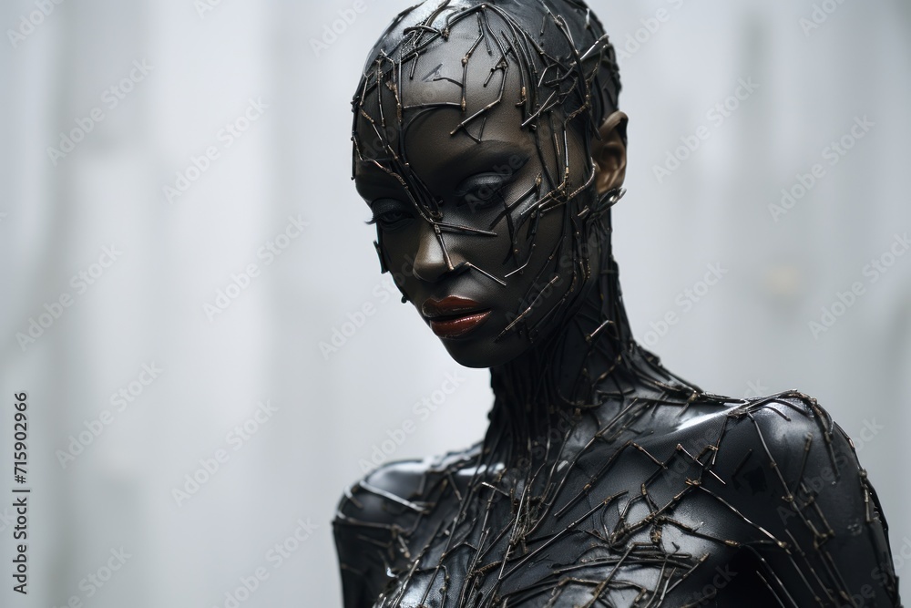 a close up of a person wearing a black body suit with wires all over it's face and neck. a close up of a person wearing a black body suit with wires all over it's face and neck.