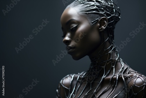  a woman with braids on her head and a black body with a chain around her neck and neckline.