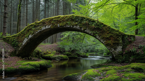 An enchanting moss-covered bridge arching over a quiet stream, surrounded by a dense forest. The juxtaposition of the ancient stone structure and the vibrant moss creates a visuall