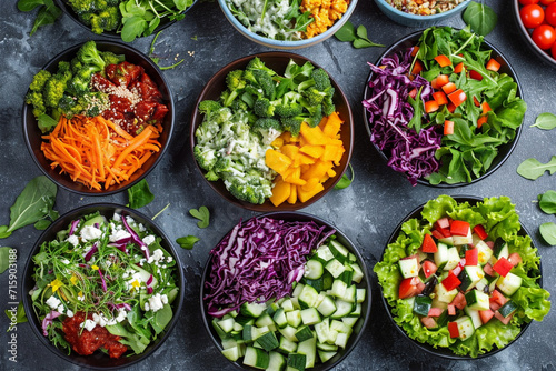 Top down shot of different healthy salads